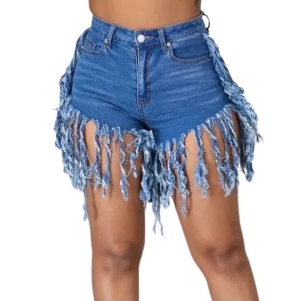 Daisy Shaggy Fringe Denim Shorts Women 1X Blue High Rise Festival Western Shaggy
